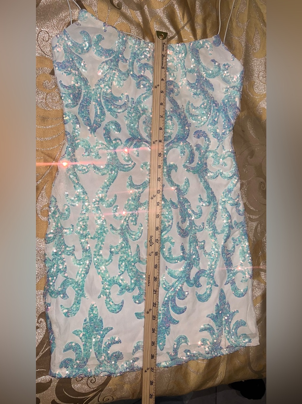 Windsor Iredescent Blue Sequin Damask Bodycon Mini Dress L - Picture 5 of 11